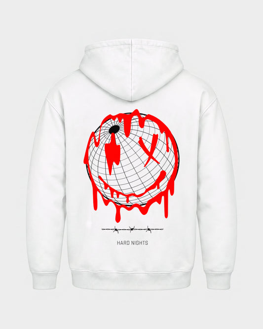 Smiley World – Basic Hoodie in Weiß, Rückenprint – Hard Nights