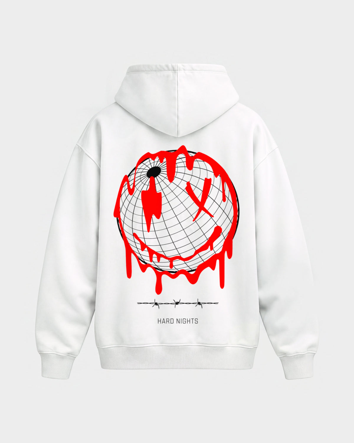 Smiley World – Oversized Hoodie in Weiß, Rückenprint – Hard Nights
