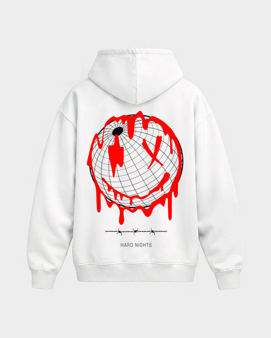 Smiley World – Oversized Hoodie in Weiß, Rückenprint – Hard Nights