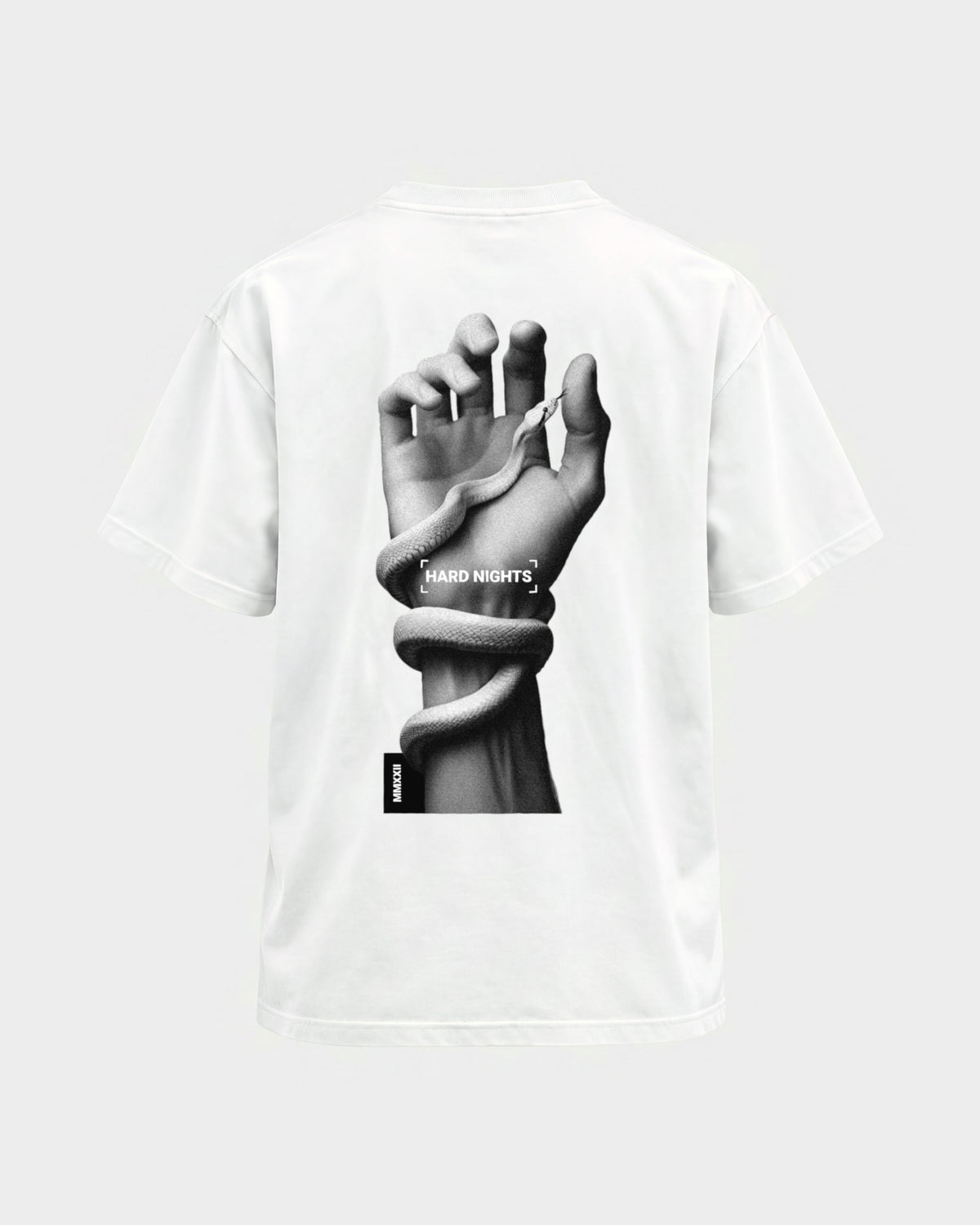 Snake Hand – Basic Shirt in Weiß, Rückenprint – Hard Nights