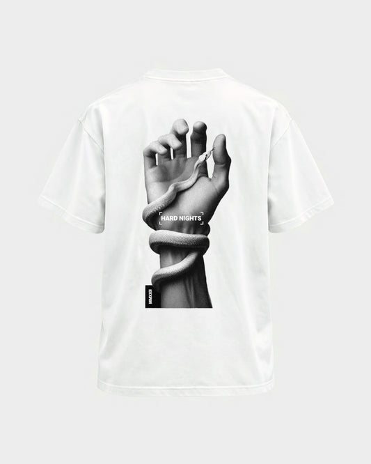Snake Hand – Basic Shirt in Weiß, Rückenprint – Hard Nights