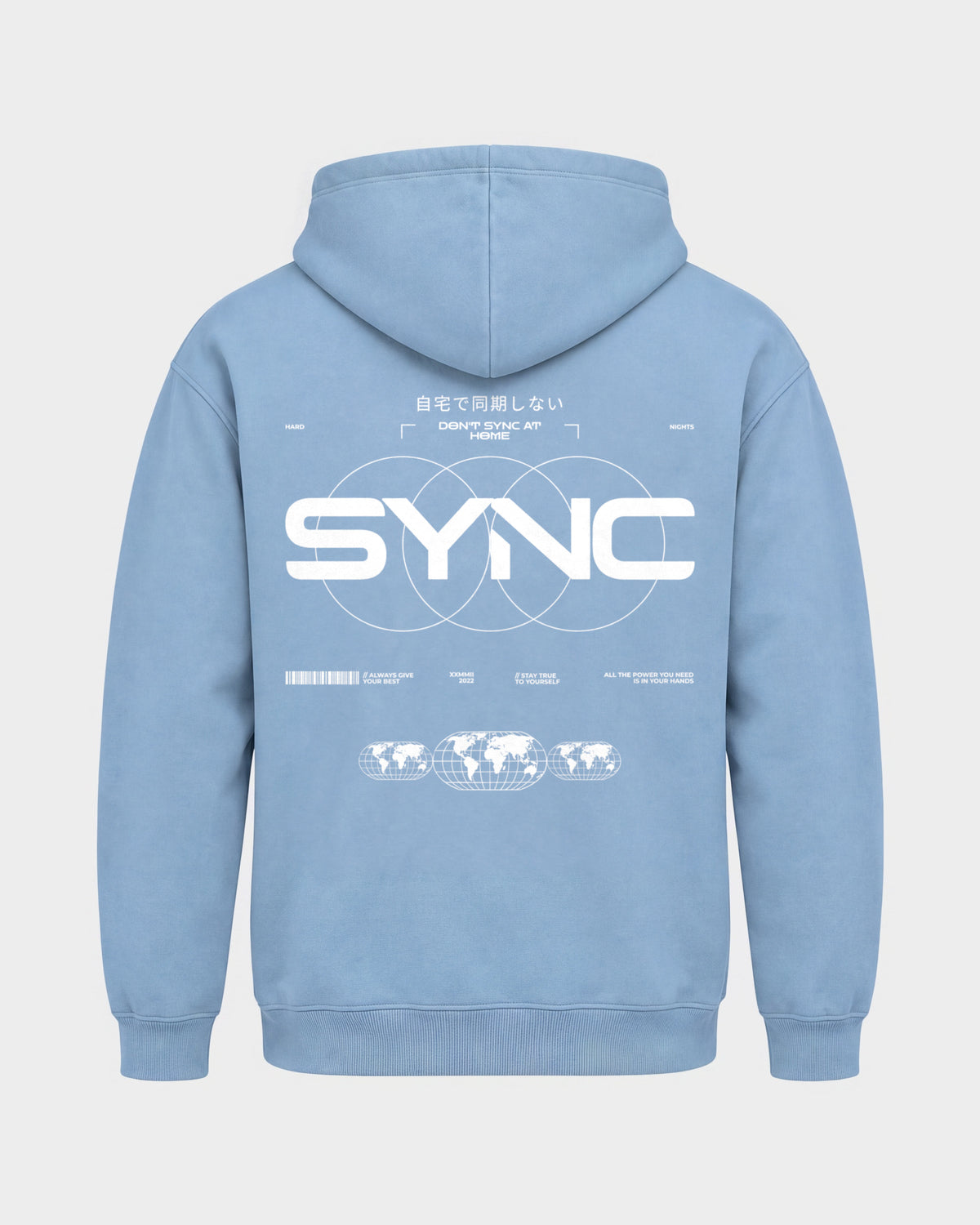 SYNC – Basic Hoodie in Himmelblau, Rückenprint – Hard Nights