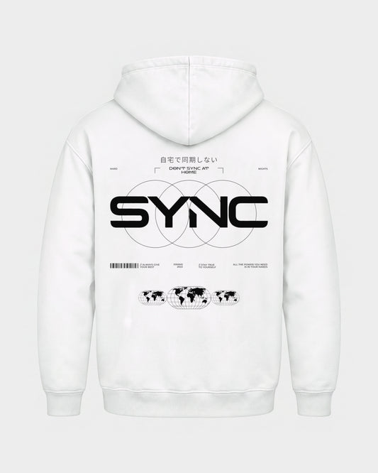 SYNC – Basic Hoodie in Weiß, Rückenprint – Hard Nights