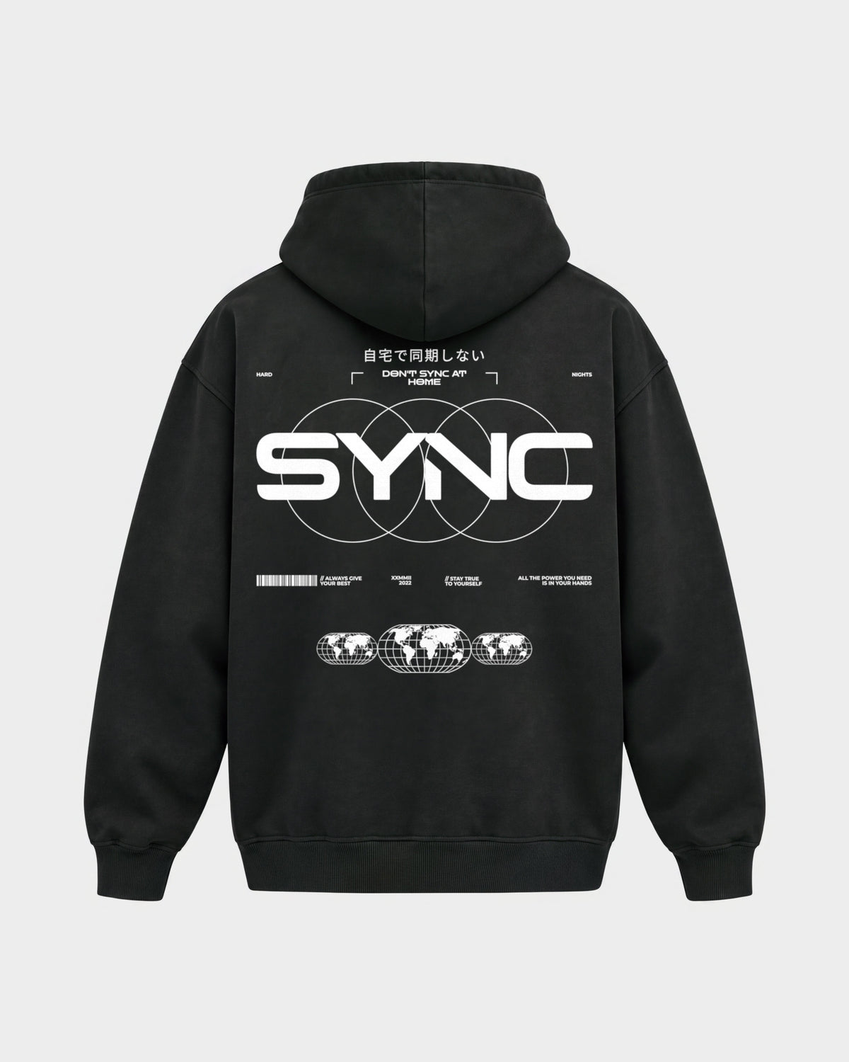 SYNC – Oversized Hoodie in Schwarz, Rückenprint – Hard Nights