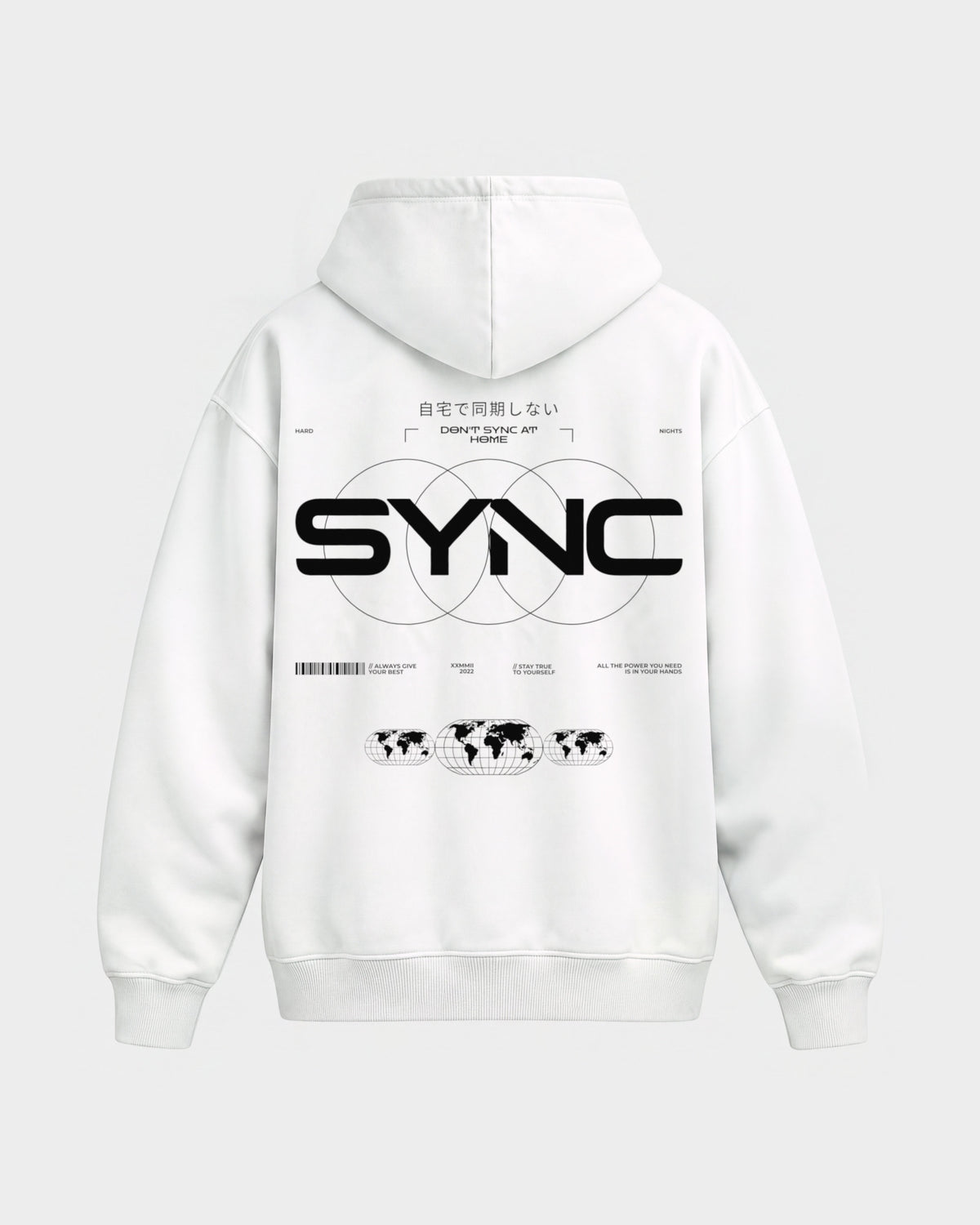 SYNC – Oversized Hoodie in Weiß, Rückenprint – Hard Nights