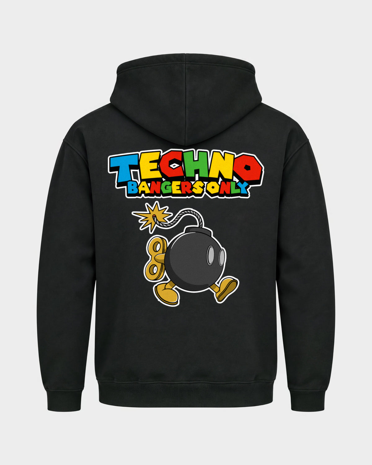 Techno Bangers Only – Basic Hoodie in Schwarz, Rückenprint – Hard Nights
