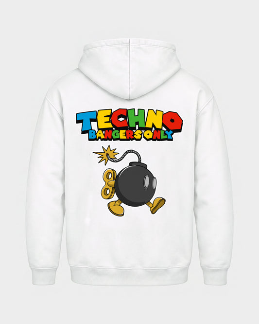 Techno Bangers Only – Basic Hoodie in Weiß, Rückenprint – Hard Nights