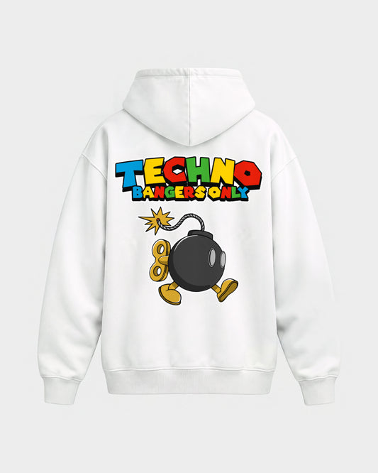 Techno Bangers Only – Oversized Hoodie in Weiß, Rückenprint – Hard Nights