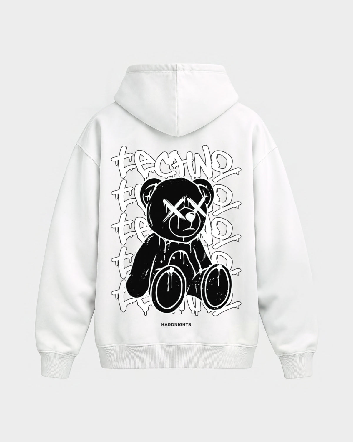 Techno Bear – Oversized Hoodie in Weiß, Rückenprint – Hard Nights