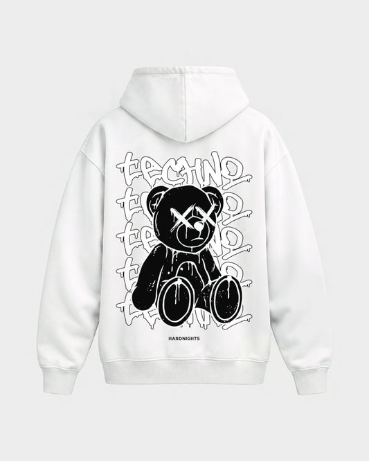 Techno Bear – Oversized Hoodie in Weiß, Rückenprint – Hard Nights