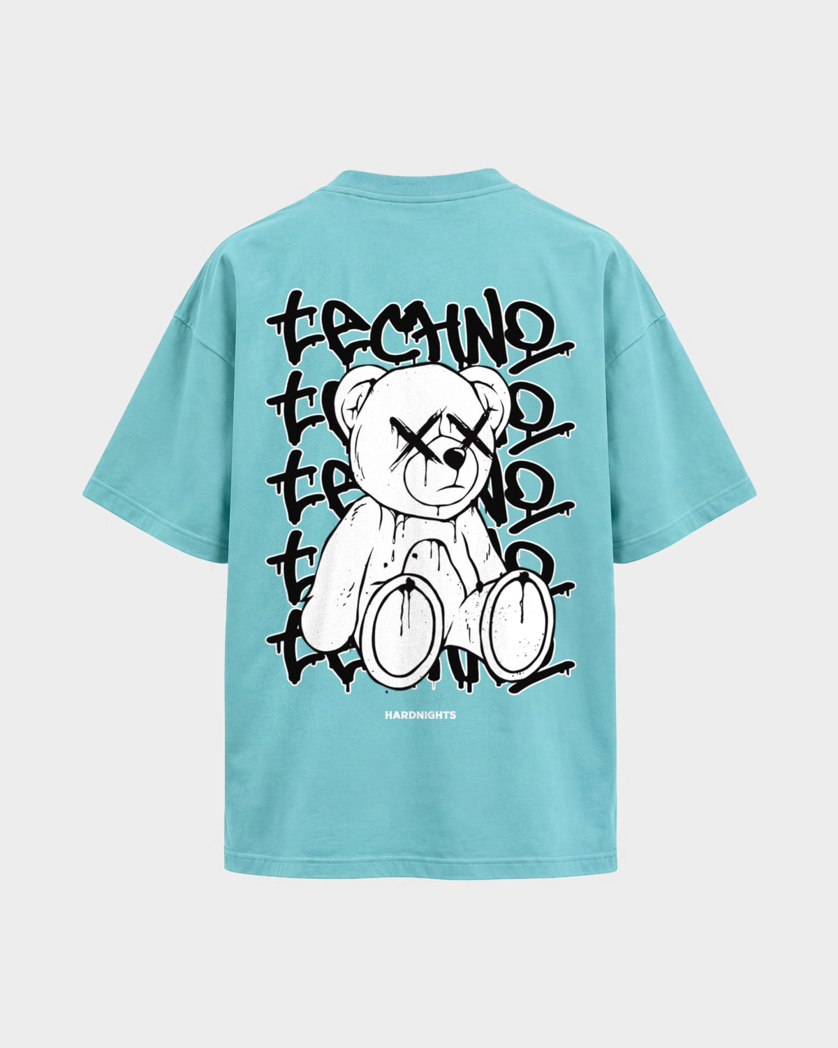 Techno bear – Oversized Shirt in Berylblau, Rückenprint – Hard Nights
