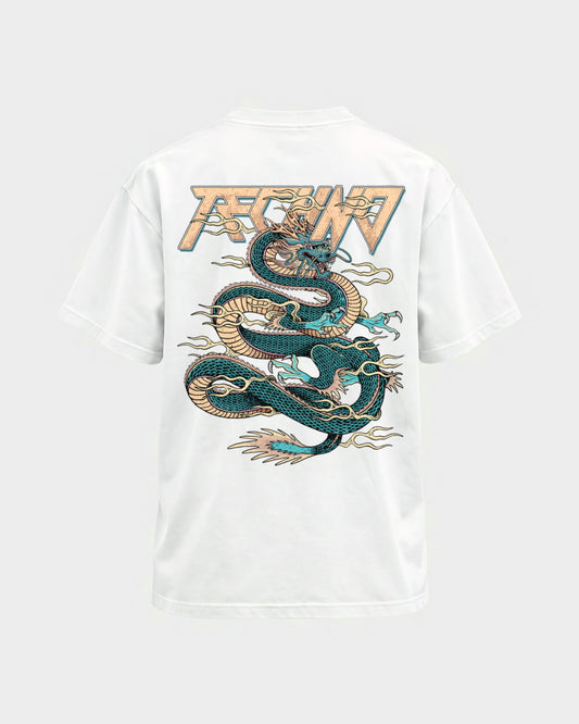 Techno Dragon – Basic Shirt in Weiß, Rückenprint – Hard Nights