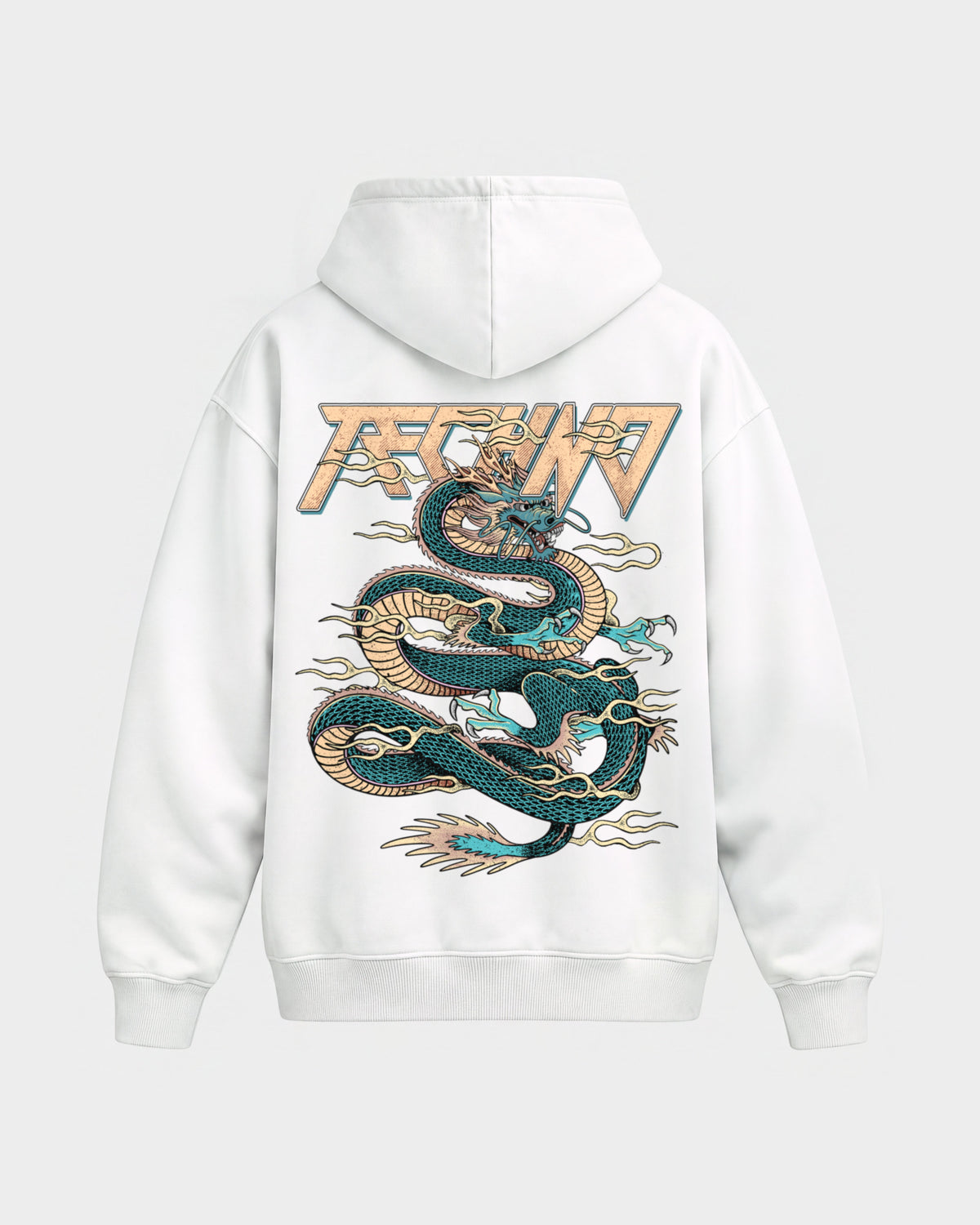 Techno Dragon – Oversized Hoodie in Weiß, Rückenprint – Hard Nights
