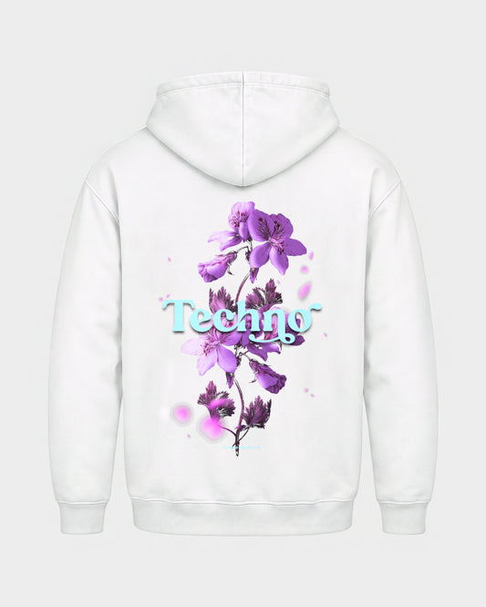 Techno Flowers – Basic Hoodie in Weiß, Rückenprint – Hard Nights