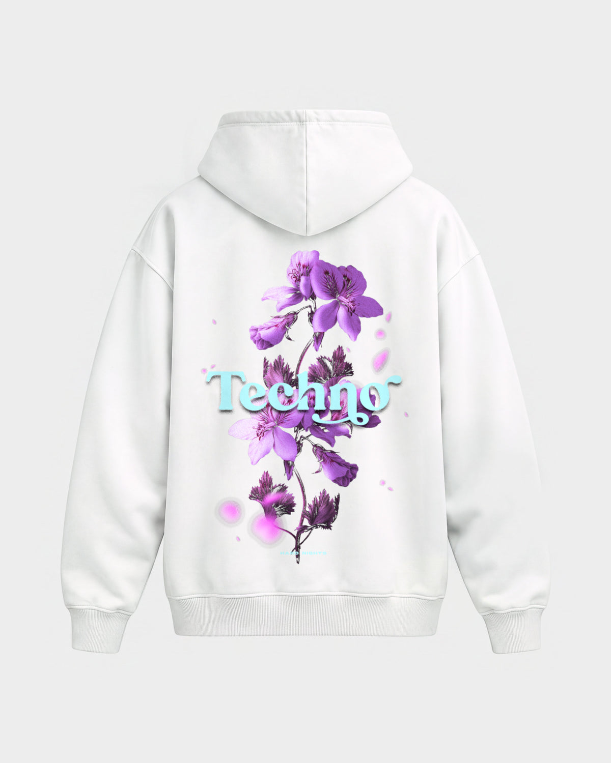 Techno Flowers – Oversized Hoodie in Weiß, Rückenprint – Hard Nights