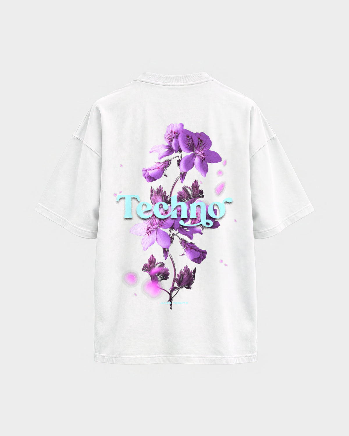 Techno Flowers – Oversized Shirt in Weiß, Rückenprint – Hard Nights