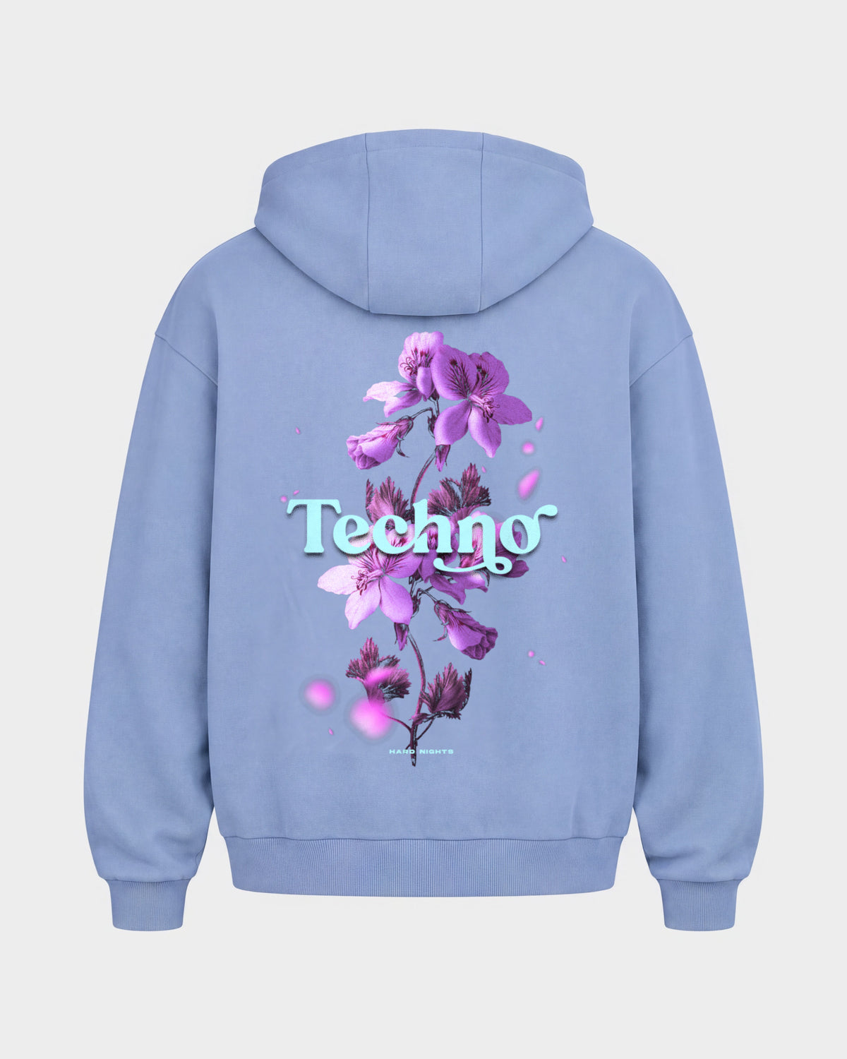 Techno Flowers – Oversized Zipper Hoodie in Puderblau, Rückenprint – Hard Nights