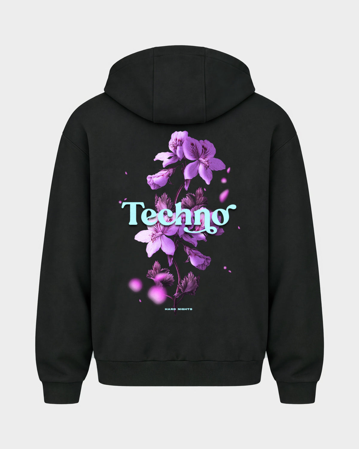 Techno Flowers – Oversized Zipper Hoodie in Schwarz, Rückenprint – Hard Nights