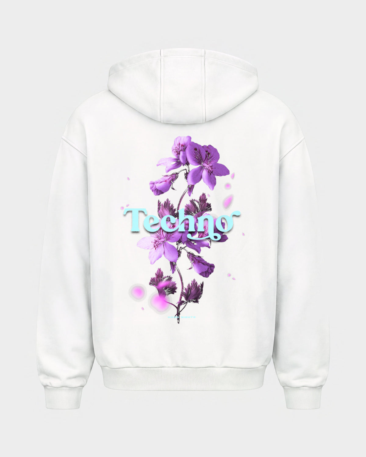 Techno Flowers – Oversized Zipper Hoodie in Weiß, Rückenprint – Hard Nights