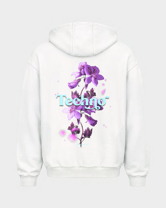 Techno Flowers – Oversized Zipper Hoodie in Weiß, Rückenprint – Hard Nights