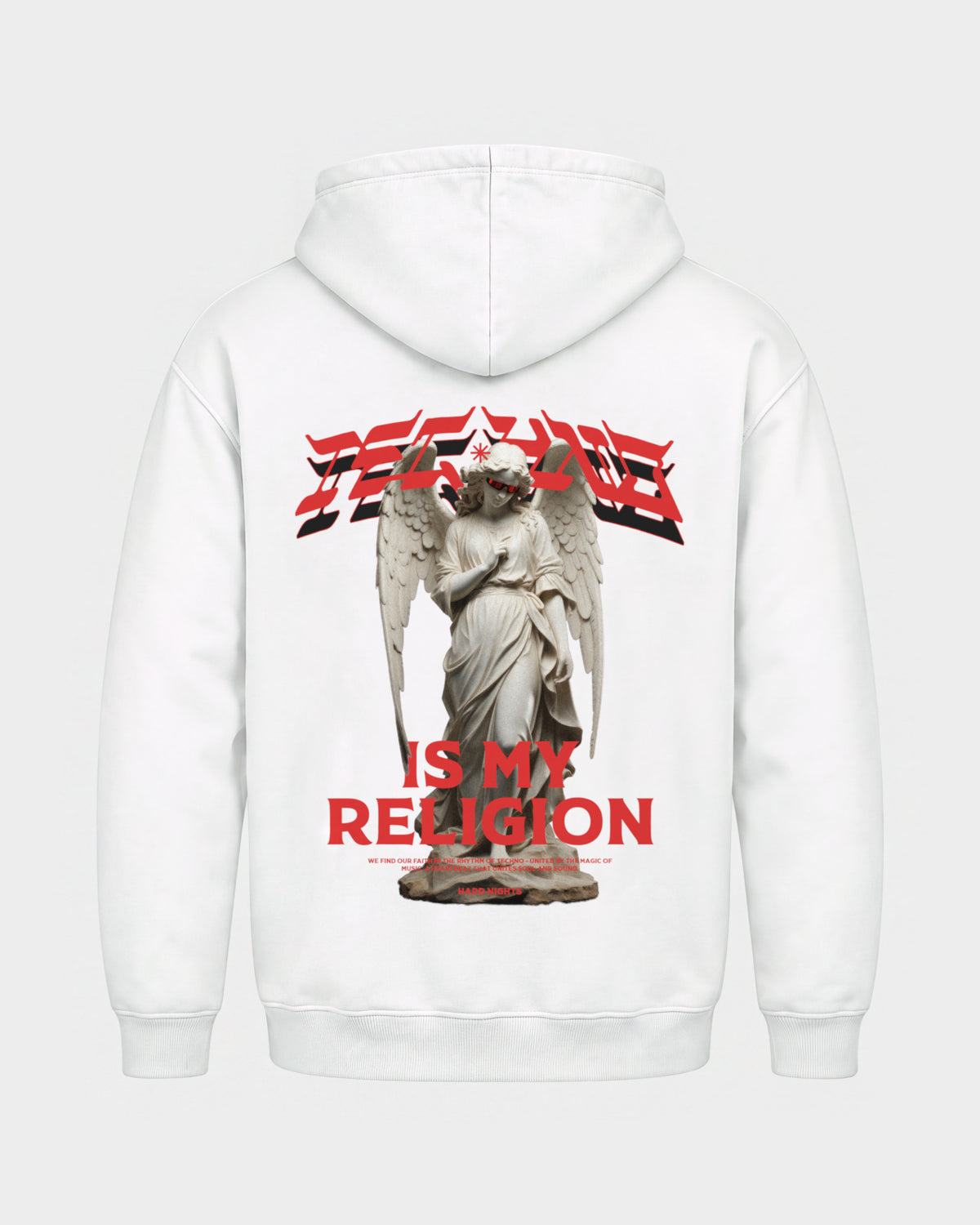 Techno is my religion – Basic Hoodie in Weiß, Rückenprint – Hard Nights