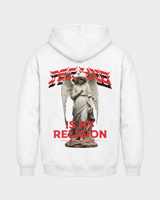 Techno is my religion – Basic Hoodie in Weiß, Rückenprint – Hard Nights