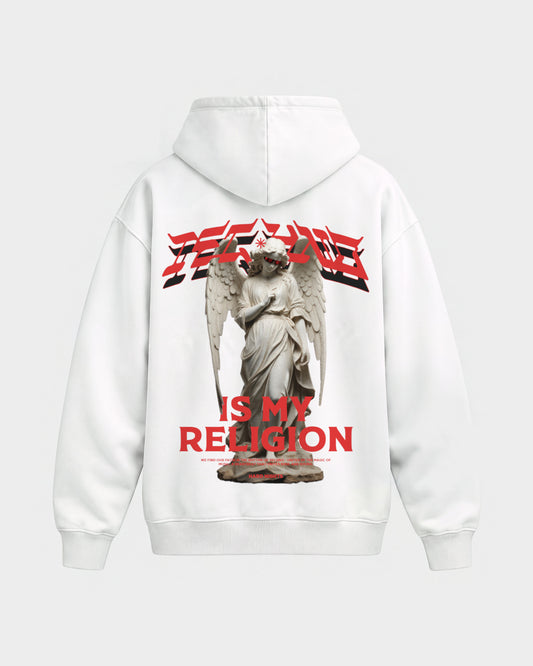 Techno is my religion – Oversized Hoodie in Weiß, Rückenprint – Hard Nights