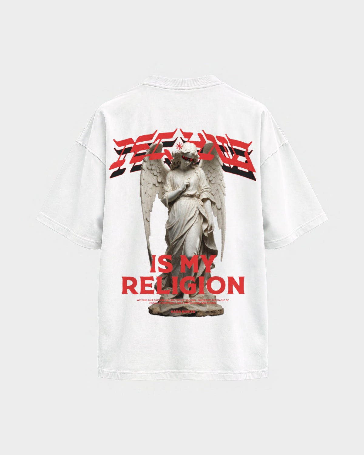 Techno is my religion – Oversized Shirt in Weiß, Rückenprint – Hard Nights