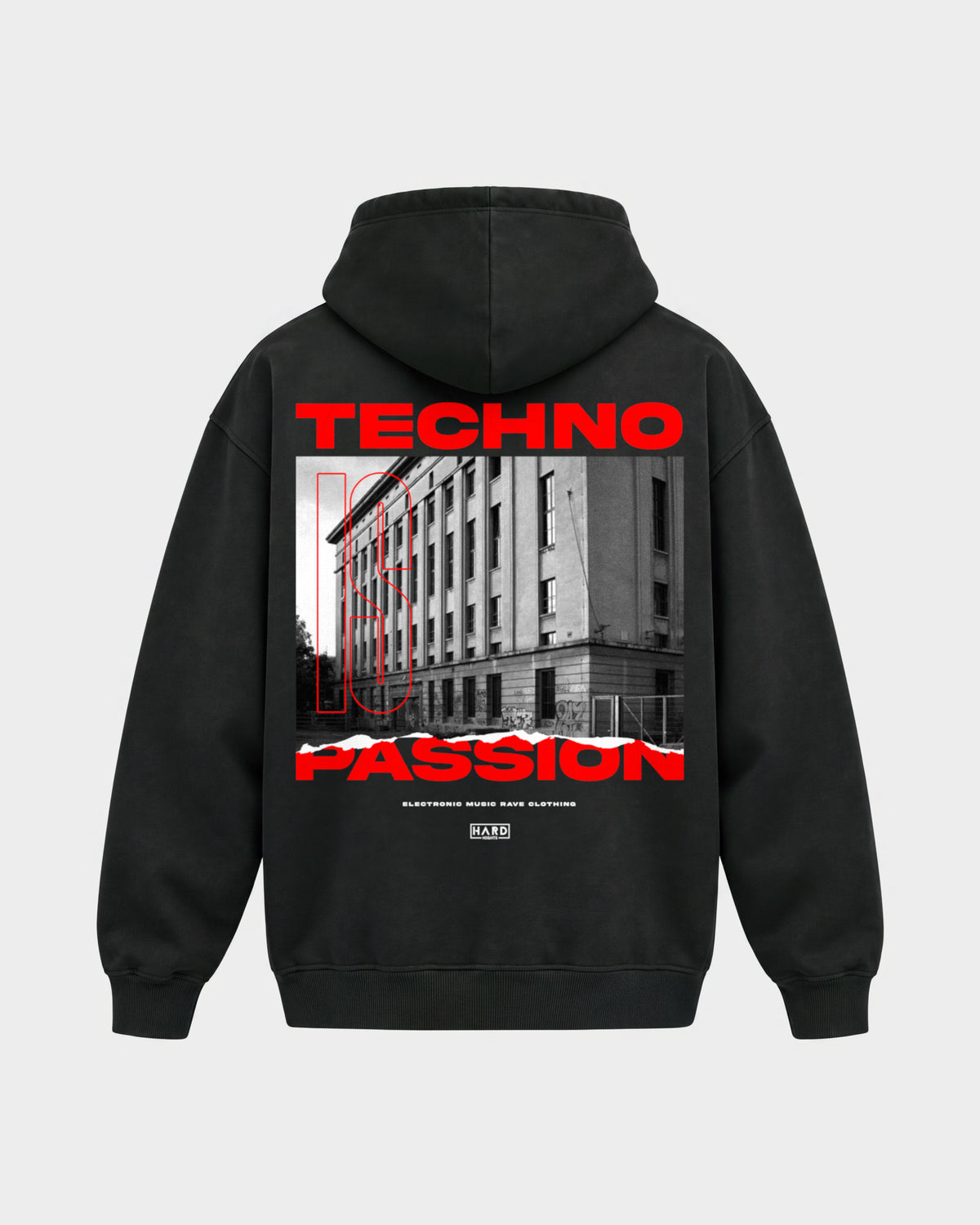 Techno is passion – Oversized Hoodie in Schwarz, Rückenprint – Hard Nights