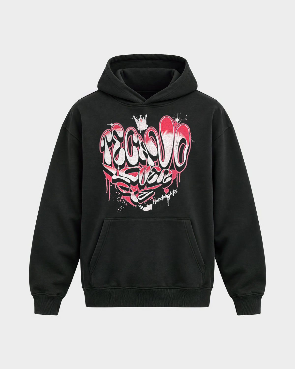 Techno lover 4ever – Oversized Hoodie in Schwarz, Frontprint – Hard Nights