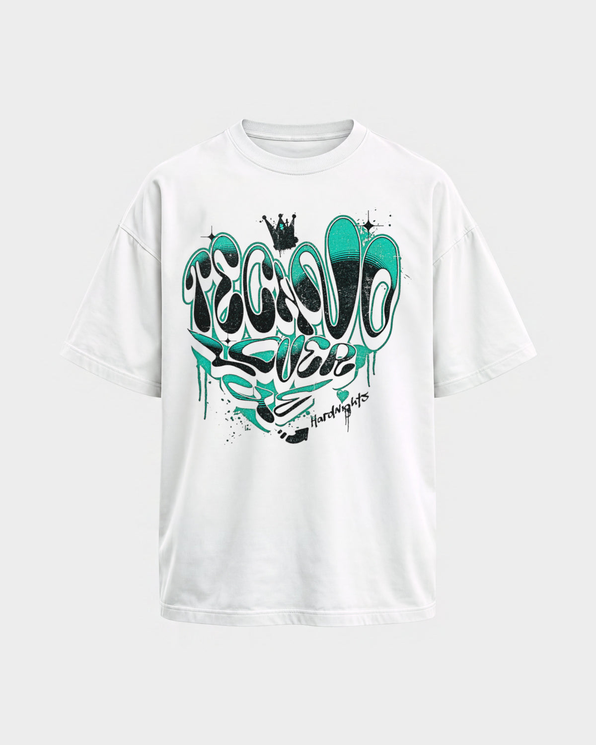 Techno lover 4ever – Oversized Shirt in Weiß, Frontprint – Hard Nights