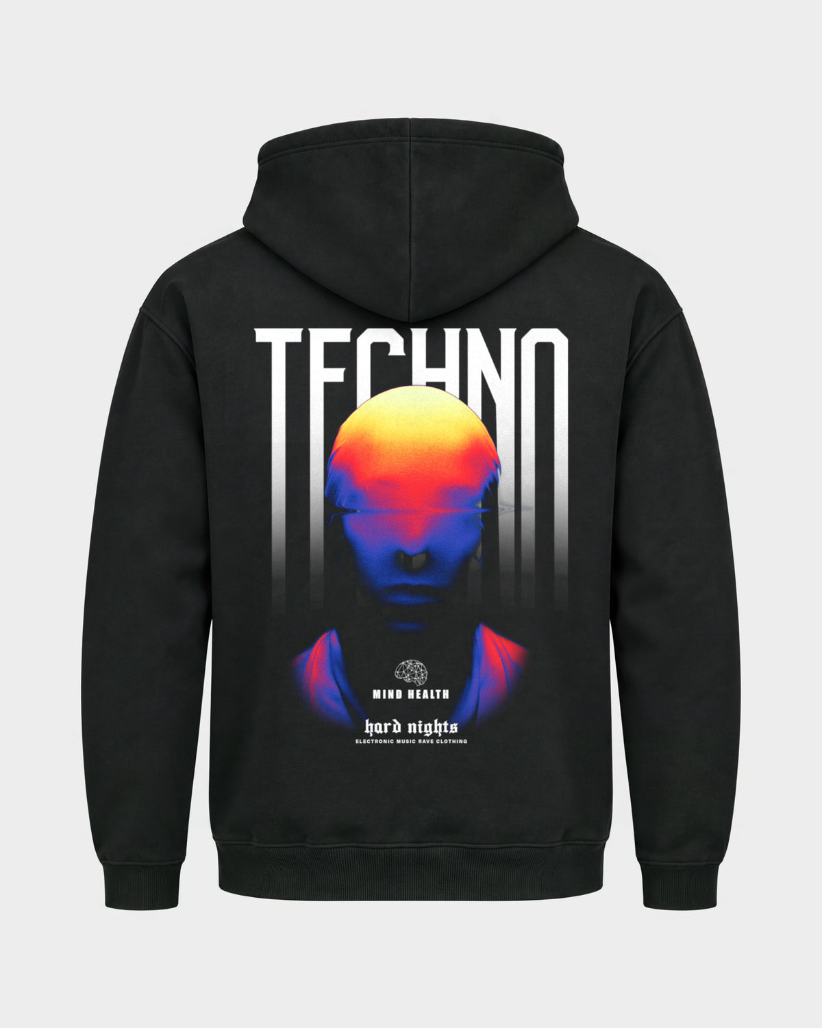 Techno Mind – Basic Hoodie in Schwarz, Rückenprint – Hard Nights