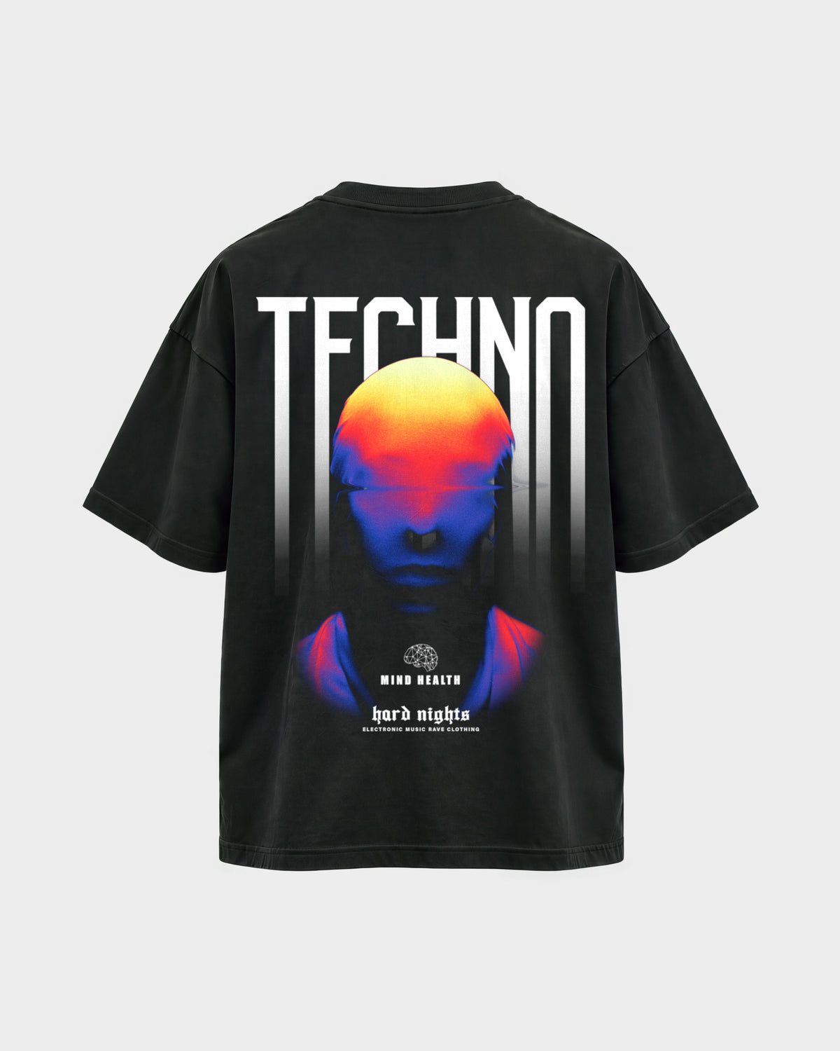 Techno Mind – Oversized Shirt in Schwarz, Rückenprint – Hard Nights