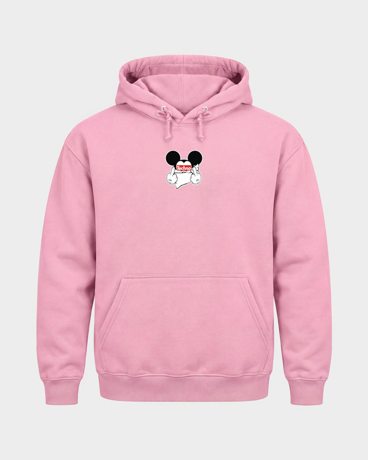 Techno Mouse – Basic Hoodie in Babyrosa, Frontprint – Hard Nights