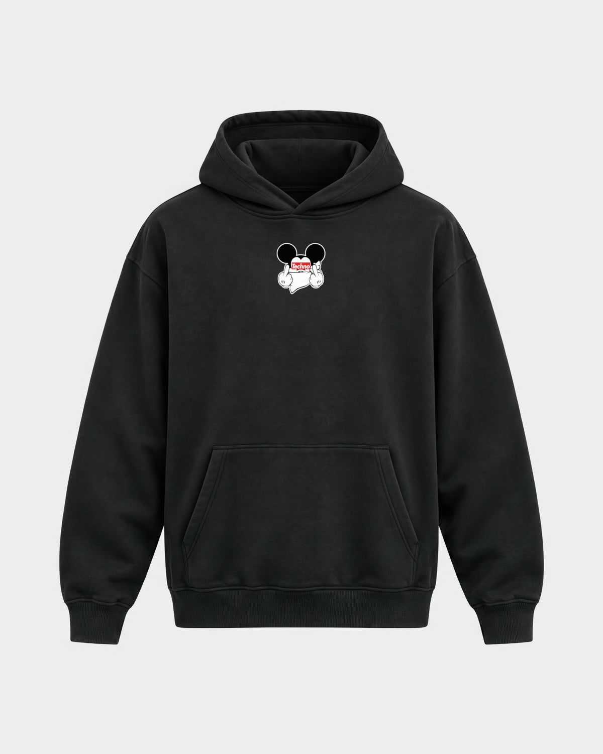 Techno Mouse – Oversized Hoodie in Schwarz, Frontprint – Hard Nights
