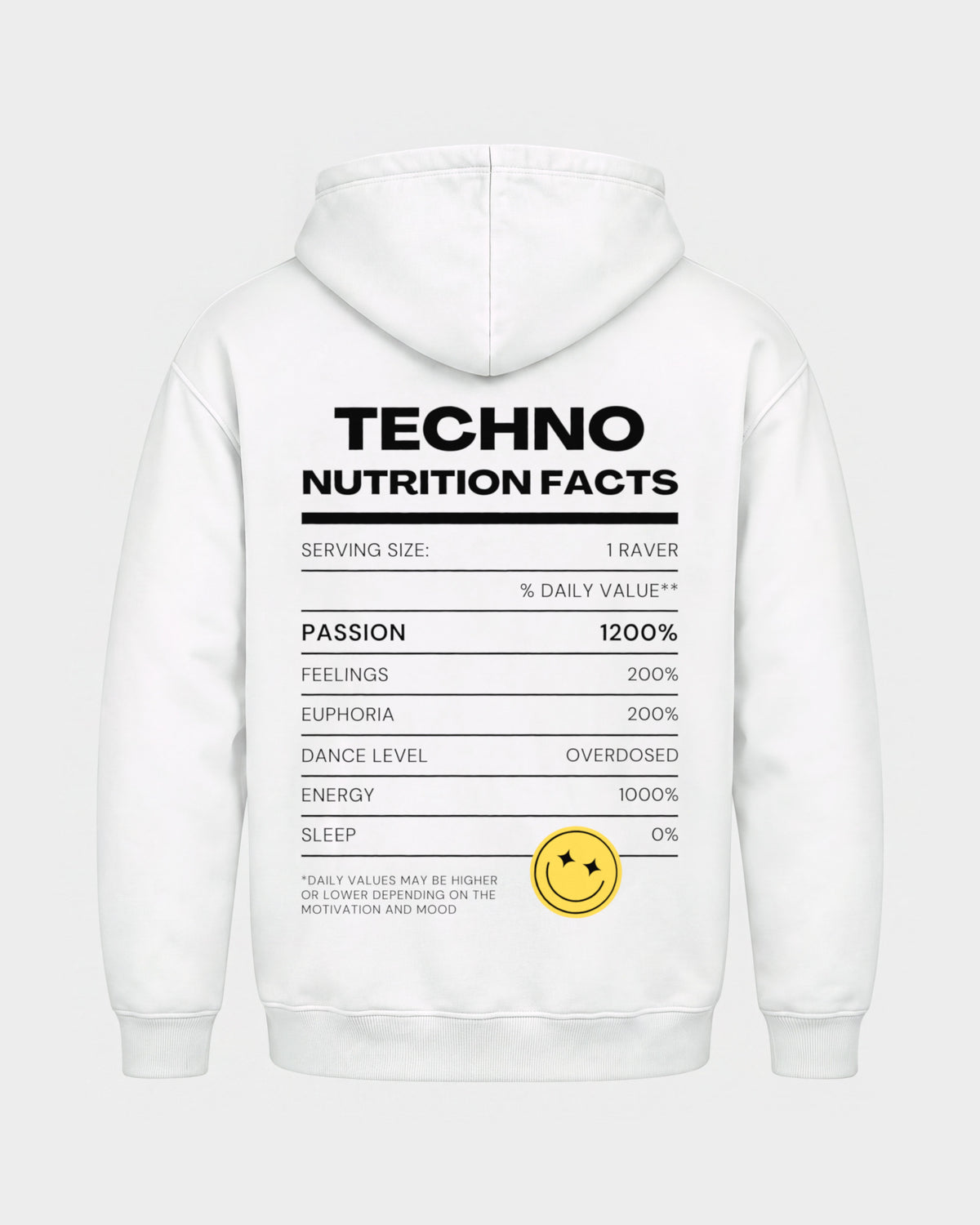Techno Nutrition Facts – Basic Hoodie in Weiß, Rückenprint – Hard Nights