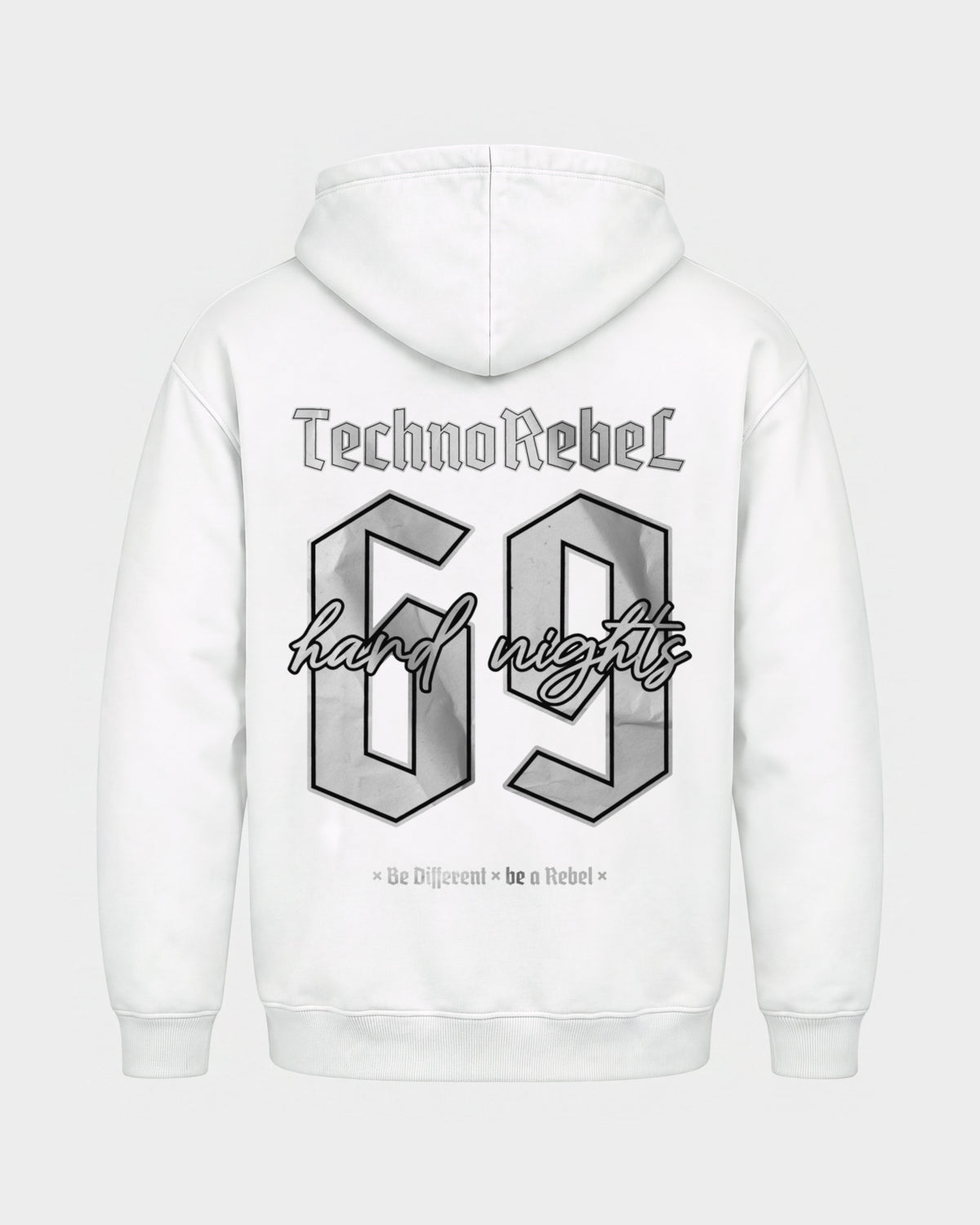 Techno Rebel 69 – Basic Hoodie in Weiß, Rückenprint – Hard Nights