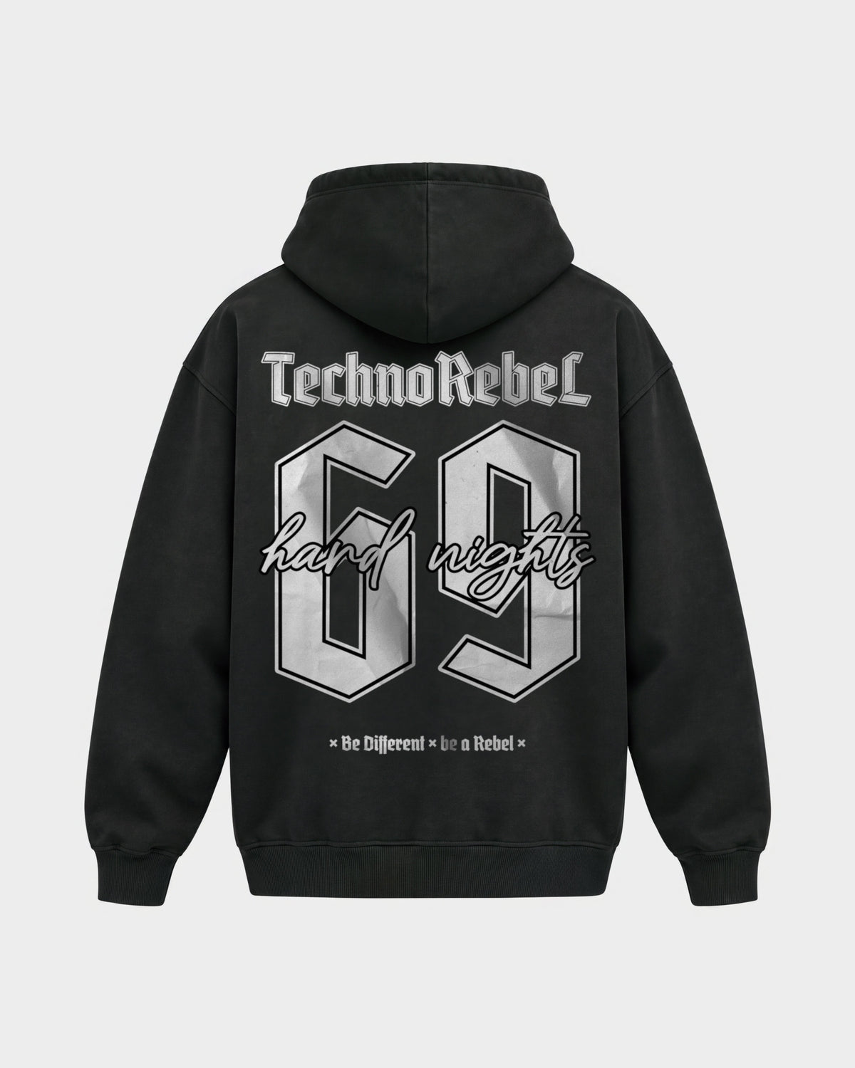 Techno Rebel 69 – Oversized Hoodie in Schwarz, Rückenprint – Hard Nights