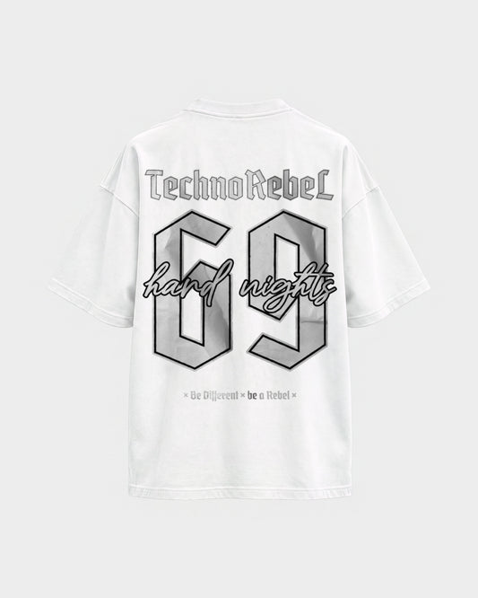 Techno Rebel 69 – Oversized Shirt in Weiß, Rückenprint – Hard Nights
