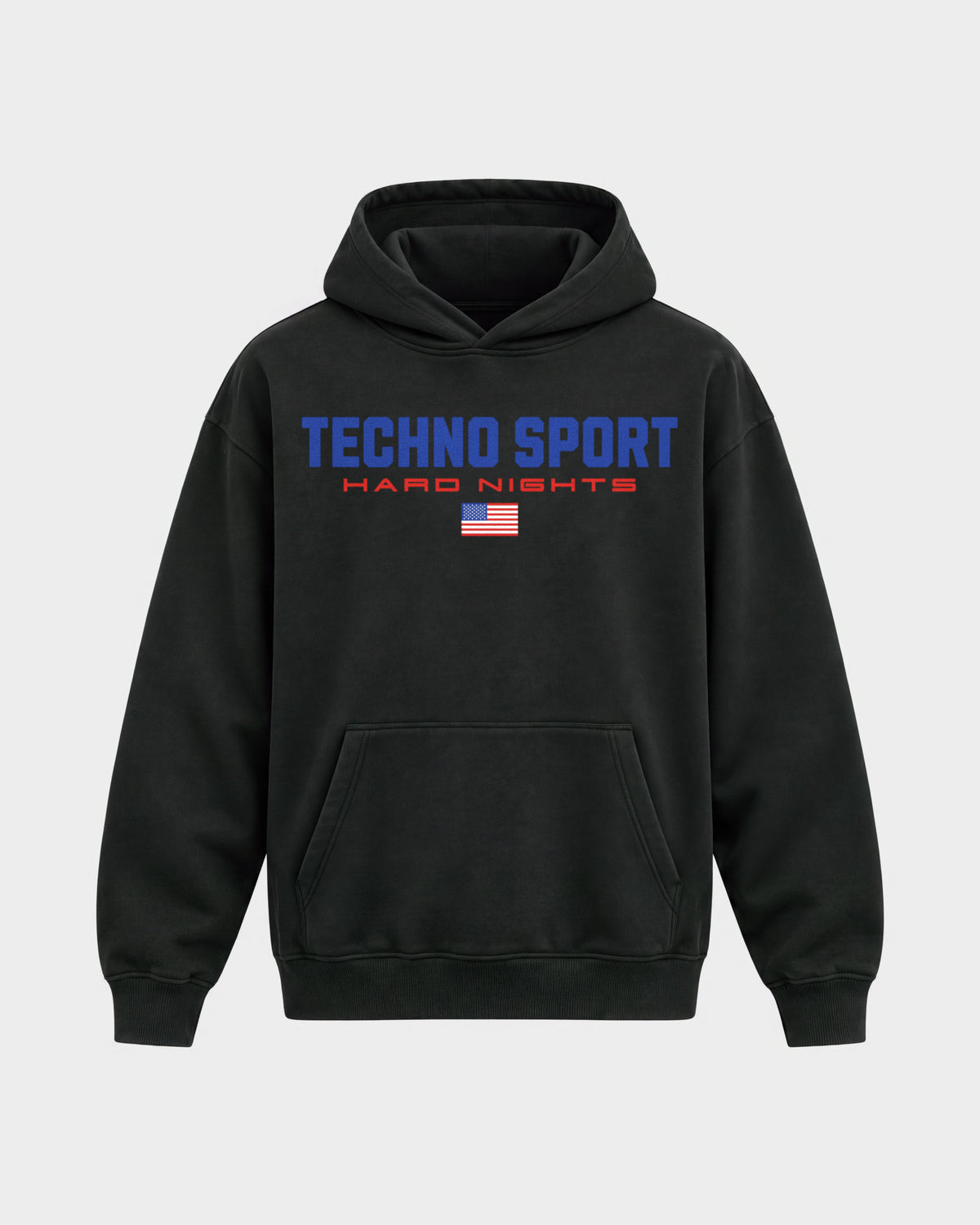 Techno Sport – Oversized Hoodie in Schwarz, Frontprint – Hard Nights