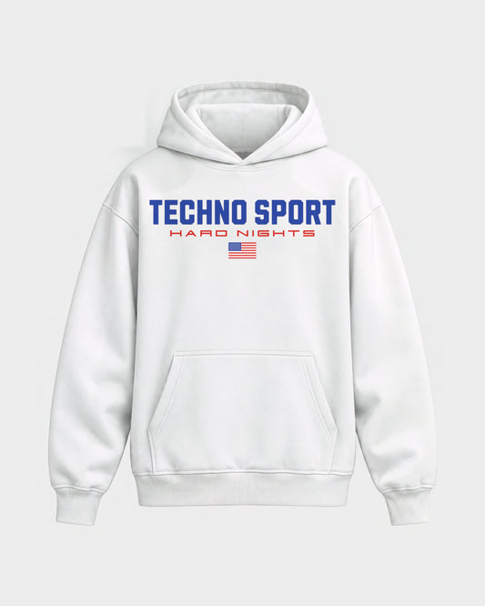 Techno Sport – Oversized Hoodie in Weiß, Frontprint – Hard Nights