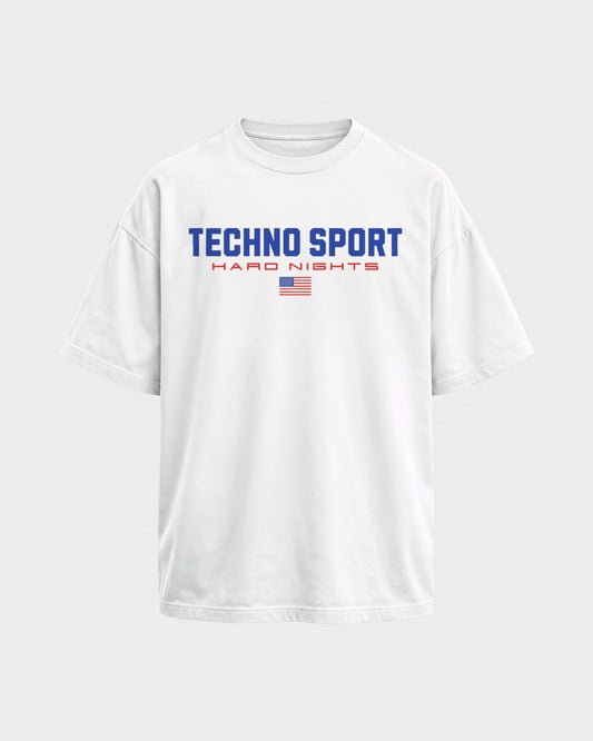 Techno Sport – Oversized Shirt in Weiß, Frontprint – Hard Nights