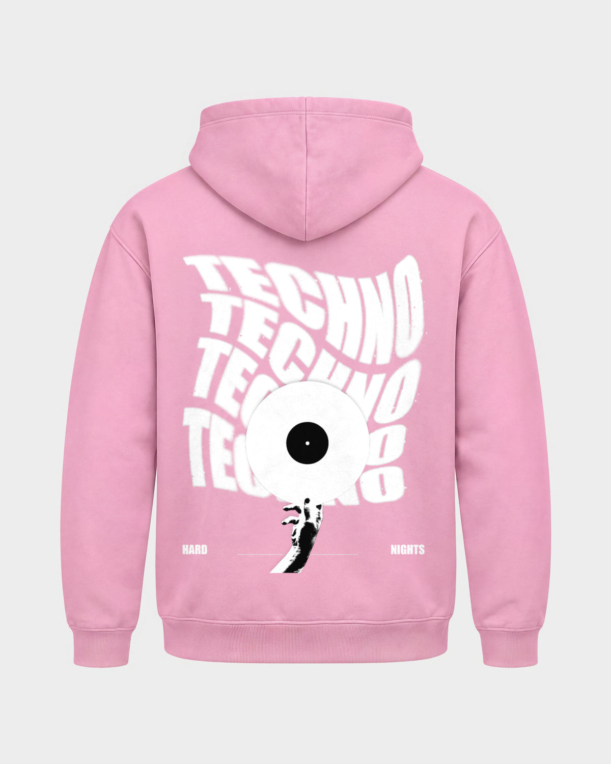 Techno Vinyl – Basic Hoodie in Babyrosa, Rückenprint – Hard Nights