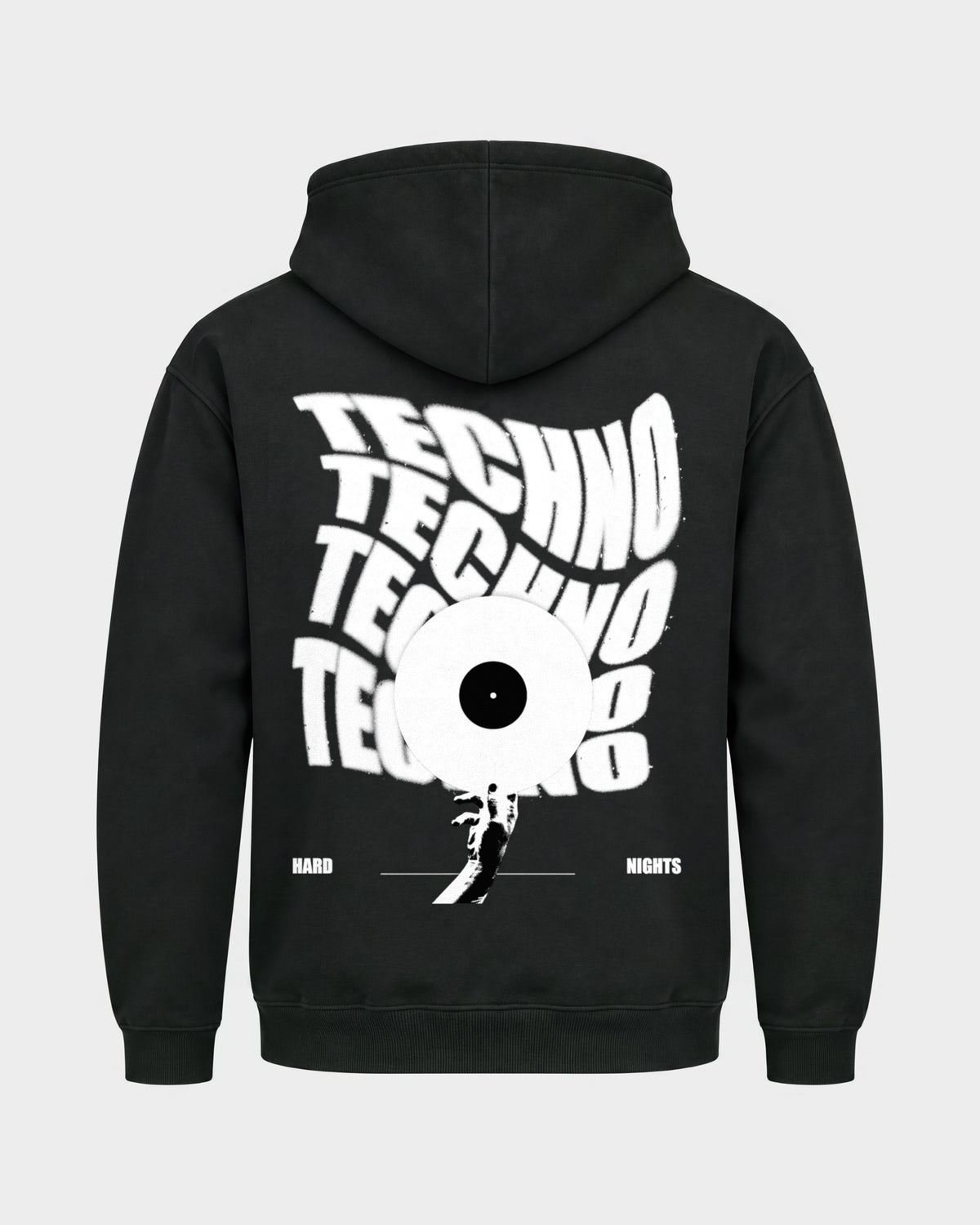 Techno Vinyl – Basic Hoodie in Schwarz, Rückenprint – Hard Nights