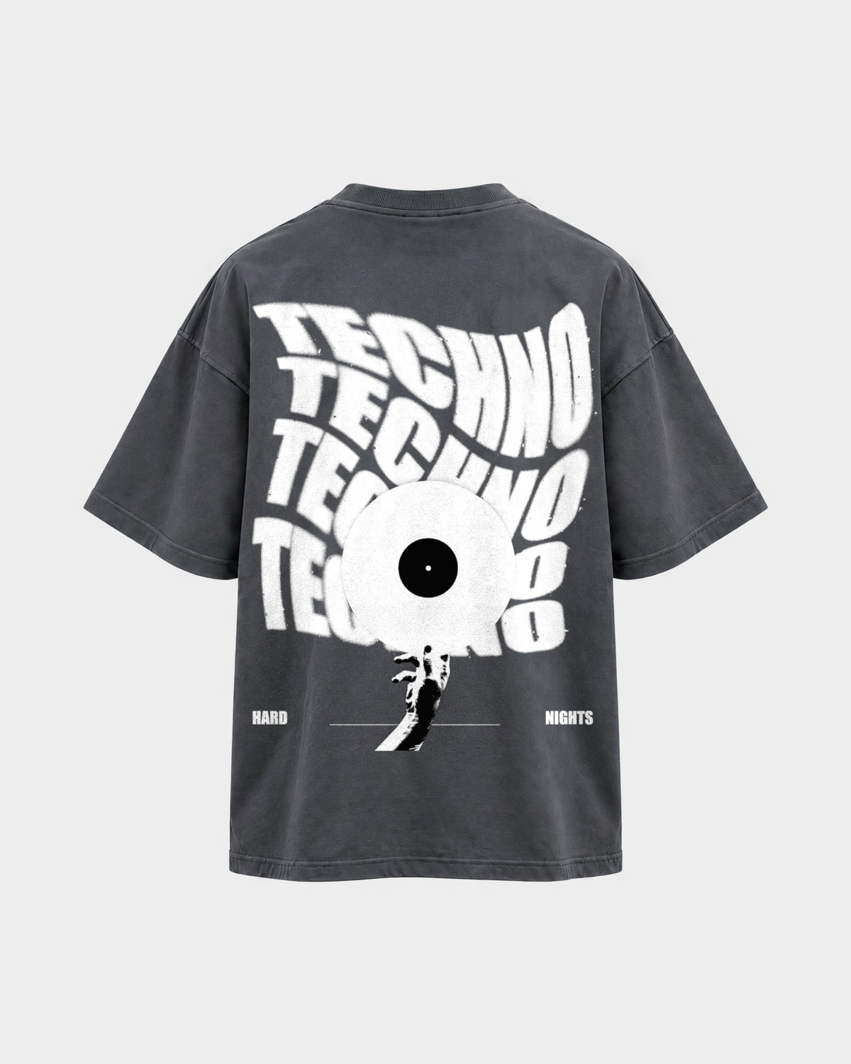 Techno Vinyl – Oversized Shirt in Anthrazit, Rückenprint – Hard Nights