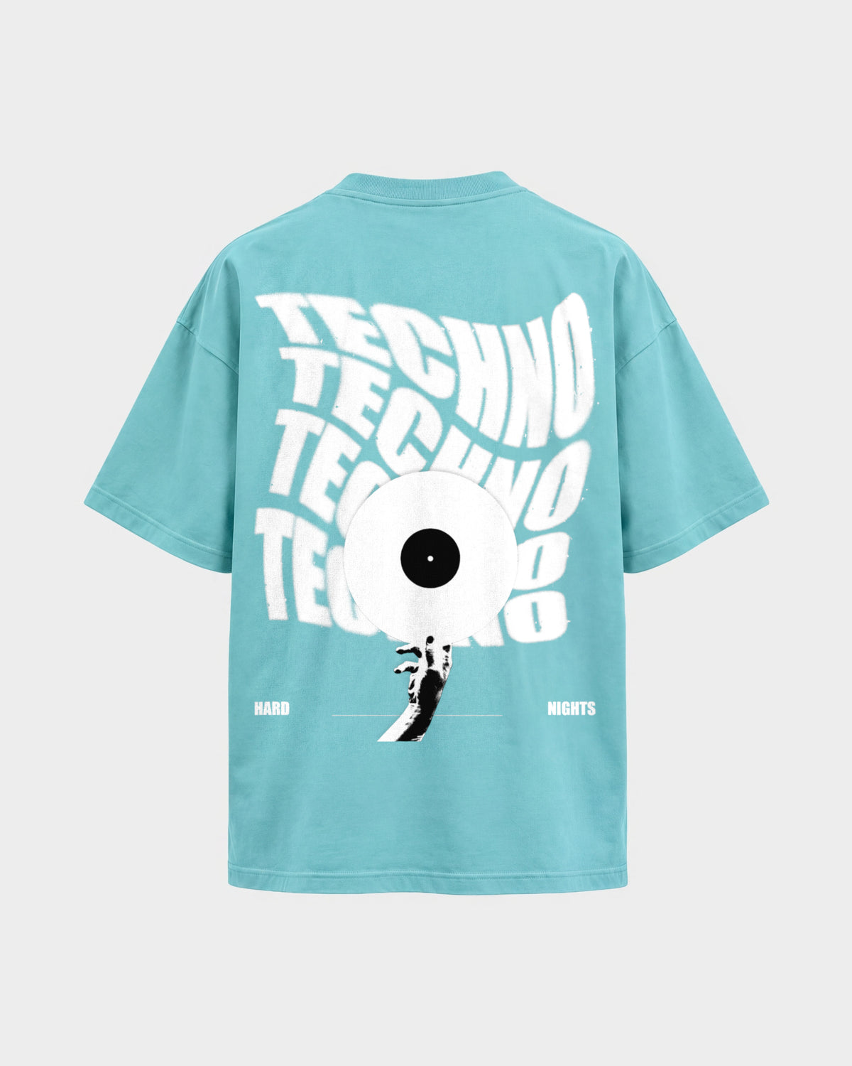 Techno Vinyl – Oversized Shirt in Berylblau, Rückenprint – Hard Nights