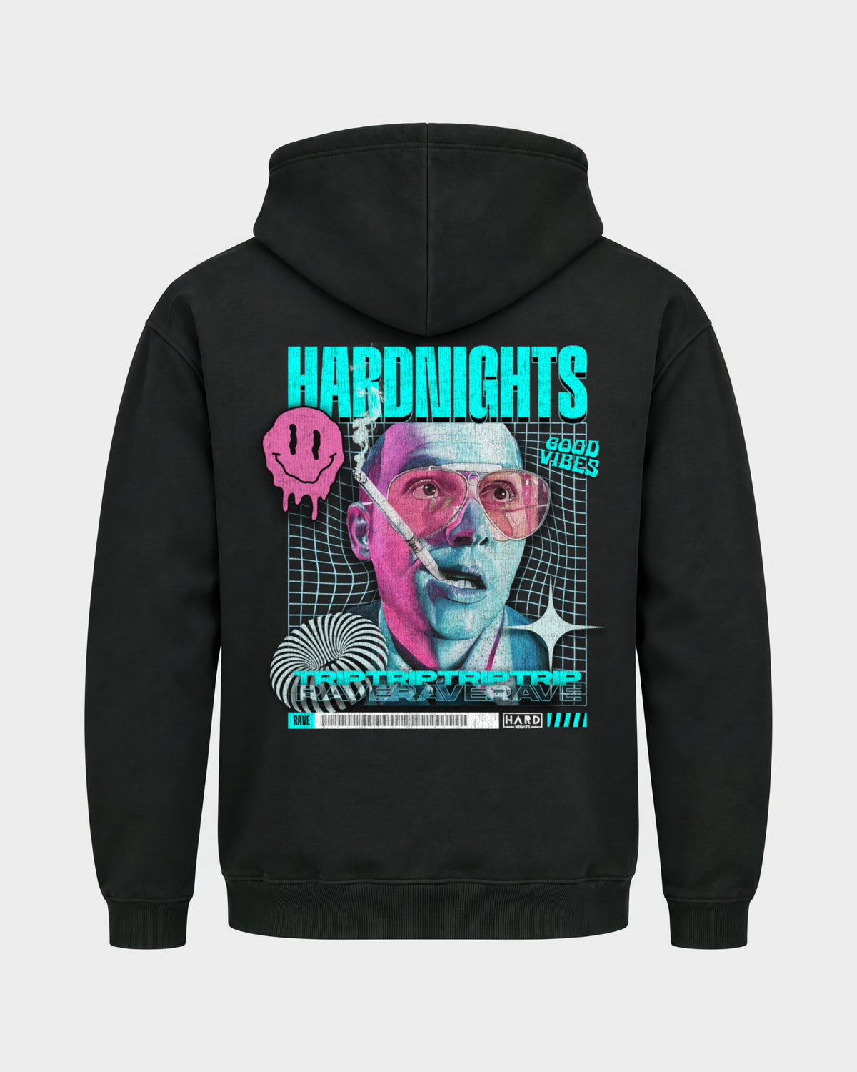 Trip & Rave – Basic Hoodie in Schwarz, Rückenprint – Hard Nights