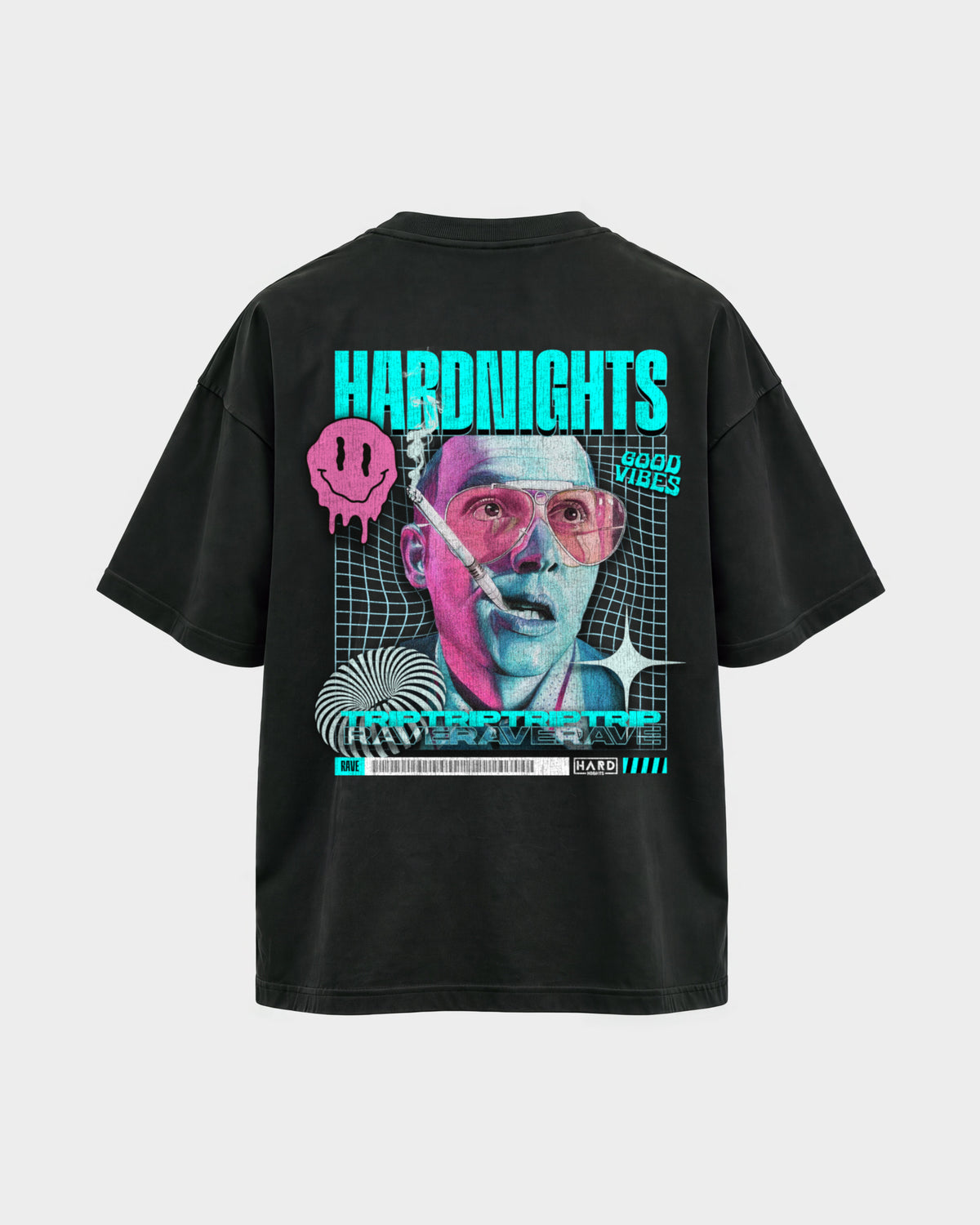 Trip & Rave – Oversized Shirt in Schwarz, Rückenprint – Hard Nights