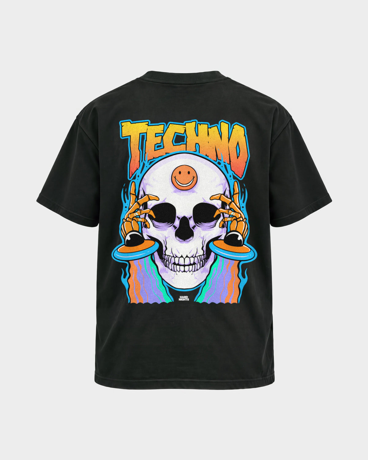 Trippy Techno Skull – Basic Shirt in Schwarz, Rückenprint – Hard Nights