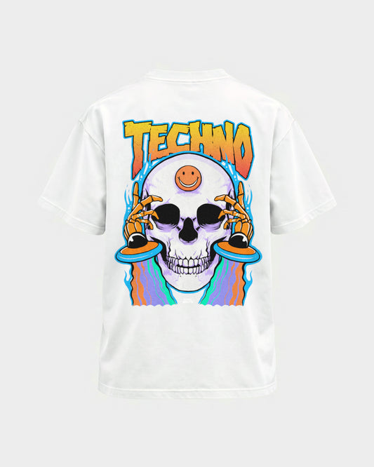 Trippy Techno Skull – Basic Shirt in Weiß, Rückenprint – Hard Nights